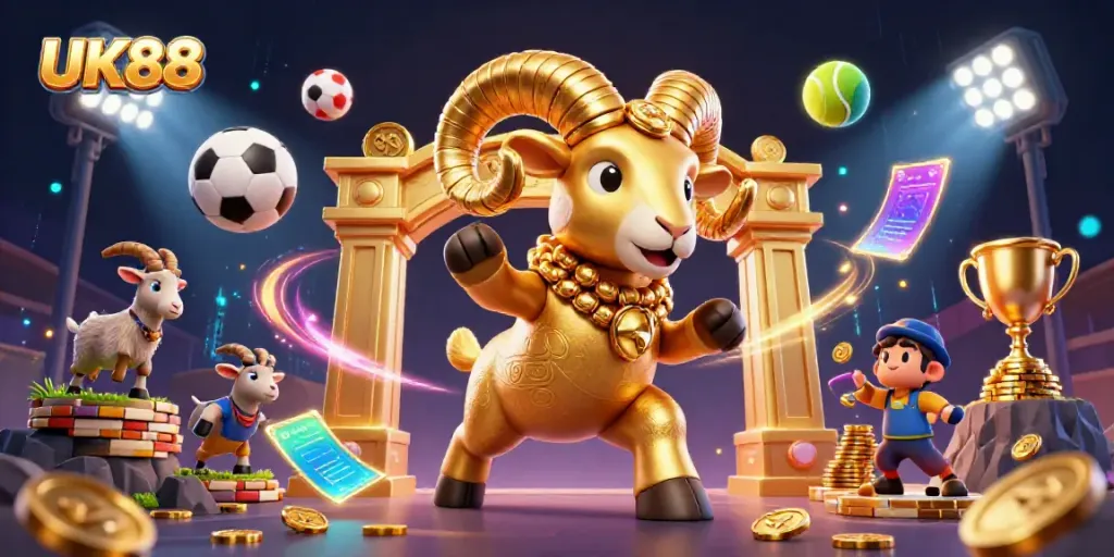 UK88 showcases a charging golden ram at a casino scene filled with dynamic sports elements.