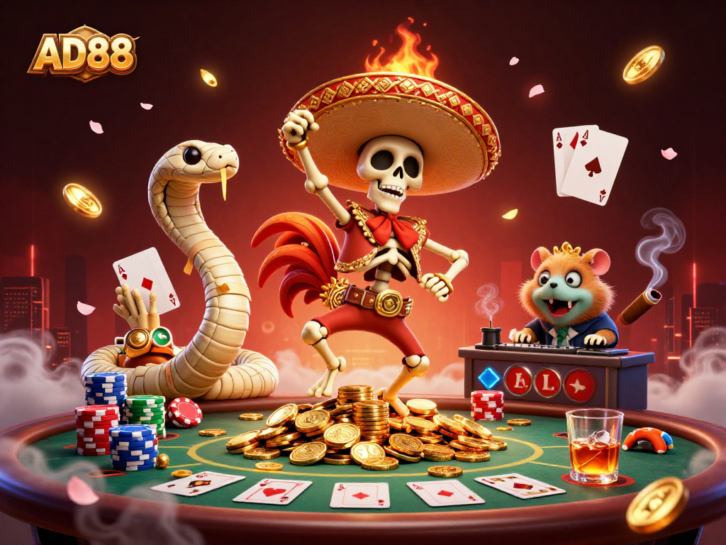 AD88 celebrates with a festive scene of vibrant casino characters amidst poker chips and cards.