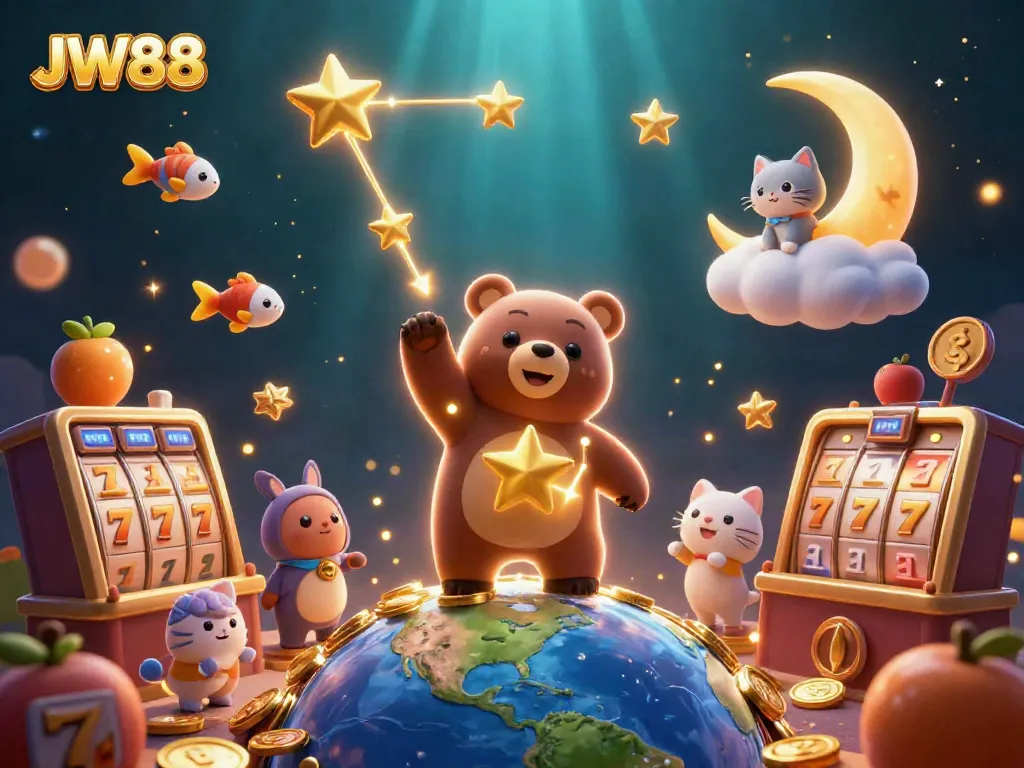 Experience thrilling slots with JW88's galaxy-themed 3D illustration, featuring vibrant characters and rich casino symbols.