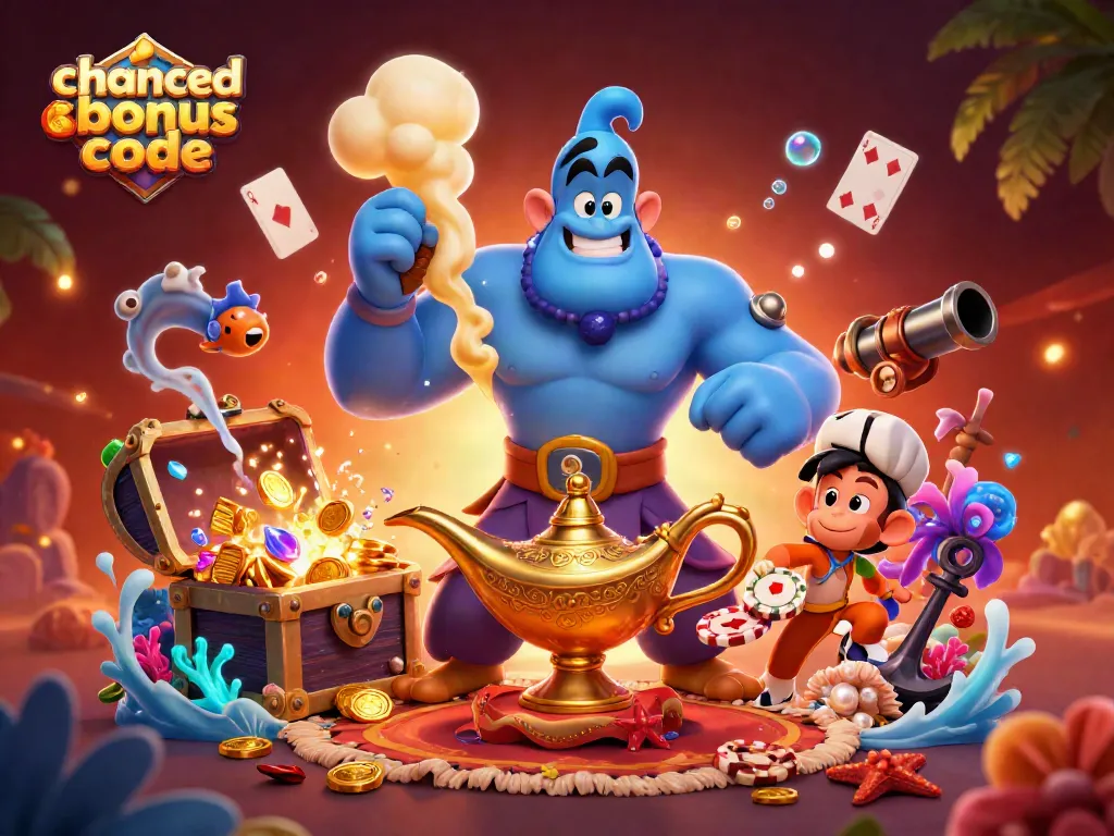 Experience the excitement of Chanced Casino bonus code with a magical genie and poker chips.