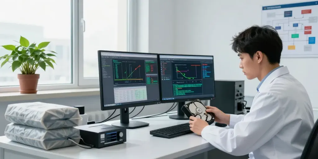 Digital forensics analyst examining hard drive data in a modern lab with forensic tools.