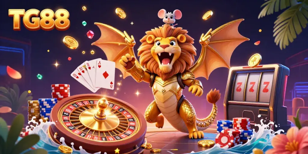 Experience thrilling gameplay at TG88 with a striking chimera illustration surrounded by casino elements.