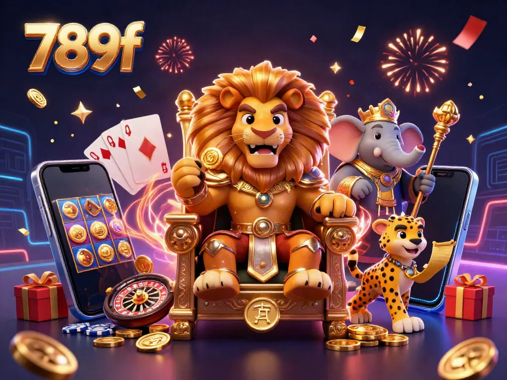 Experience excitement with 789f's rich 3D illustration featuring a king, elephant, and cheetah amidst casino games.