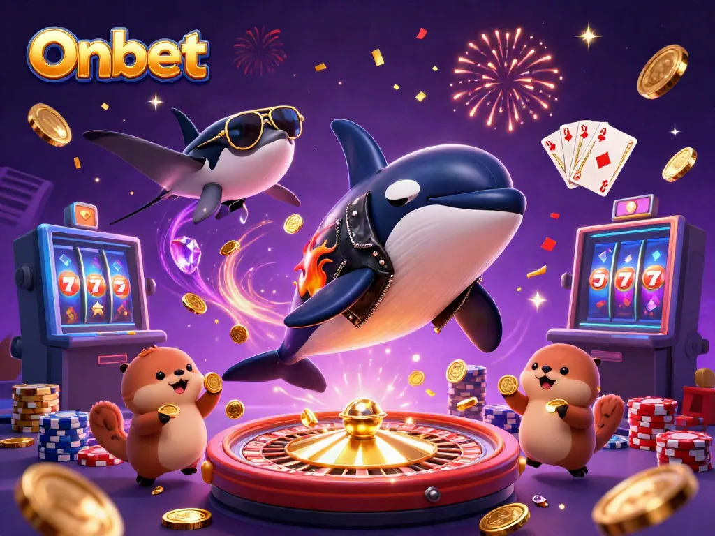 Onbet showcases thrilling casino adventure with orca, stingray, and otters amid flying coins and vibrant games.