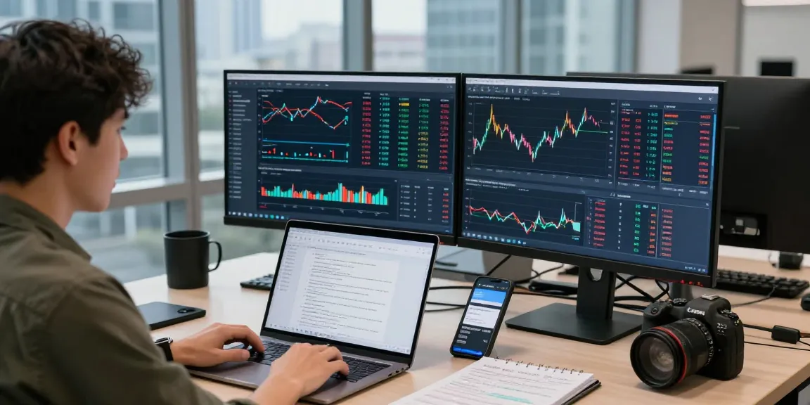 Real-time forex API in action with a developer using a multi-currency pair API to analyze exchange rates in a modern office.