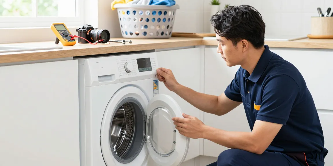 Washing machine repair in a bright kitchen with a technician inspecting the appliance and laundry basket nearby.