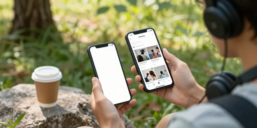 User engaging with Insanony app in nature, viewing Instagram stories anonymously on smartphone.