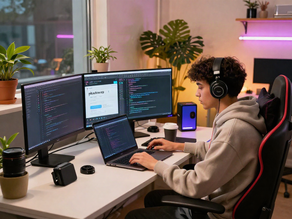 Developer coding with pikashow apk on multiple screens in a vibrant workspace.