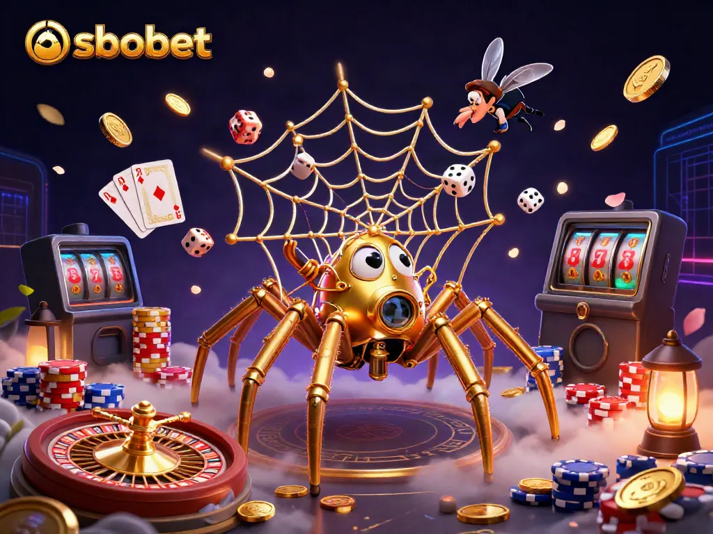 Experience sbobet's thrilling gameplay with a golden spider weaving its web of chance amidst cascaded coins.