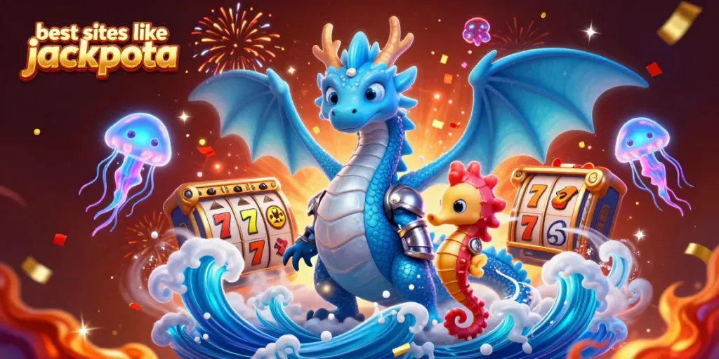 Explore the best sites like Jackpota with a vibrant casino-themed 3D illustration featuring festive game elements.