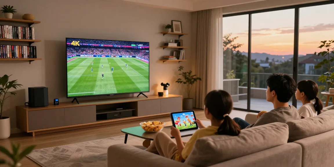 Gezinsleden kijken naar iptv aanbieder in 4K kwaliteit op een grote smart TV in de woonkamer.