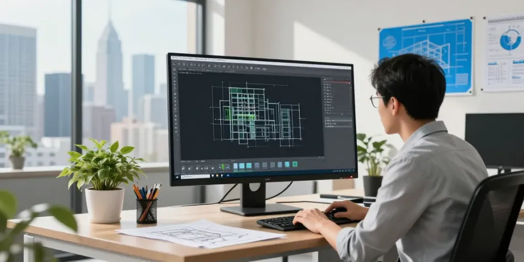 Revit drafting services workspace with professional architect using cutting-edge technology for building plans.