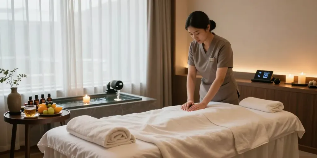 Relaxing 서울출장마안마 session setup with massage therapist in serene spa environment.