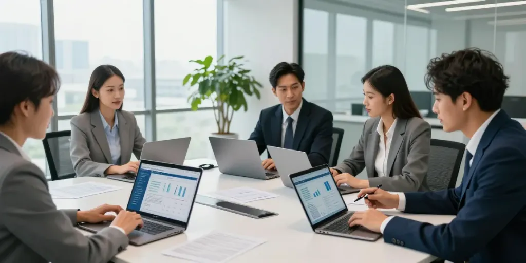 Team collaborating on BPI Net Empresas financial analysis in a modern office.
