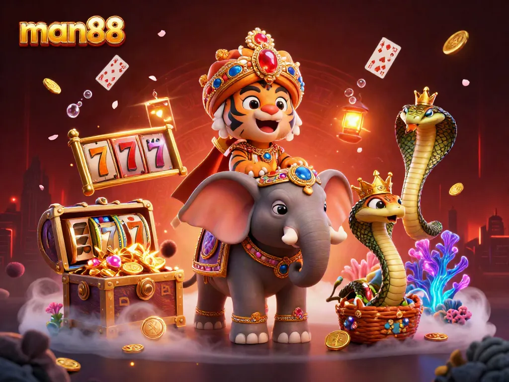 Experience man88 through vibrant casino-themed illustration featuring a majestic maharaja, elephant, and slot elements.