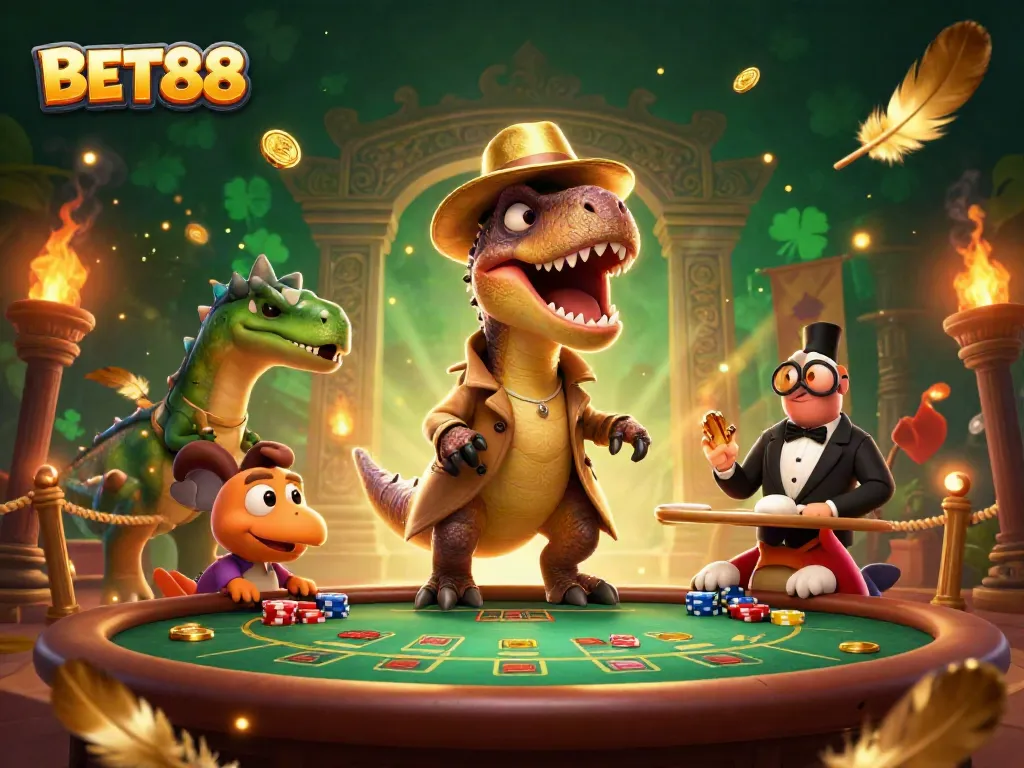 Cá cược tại BET88 với hình ảnh vui nhộn của một velociraptor và stegosaurus trong casino.