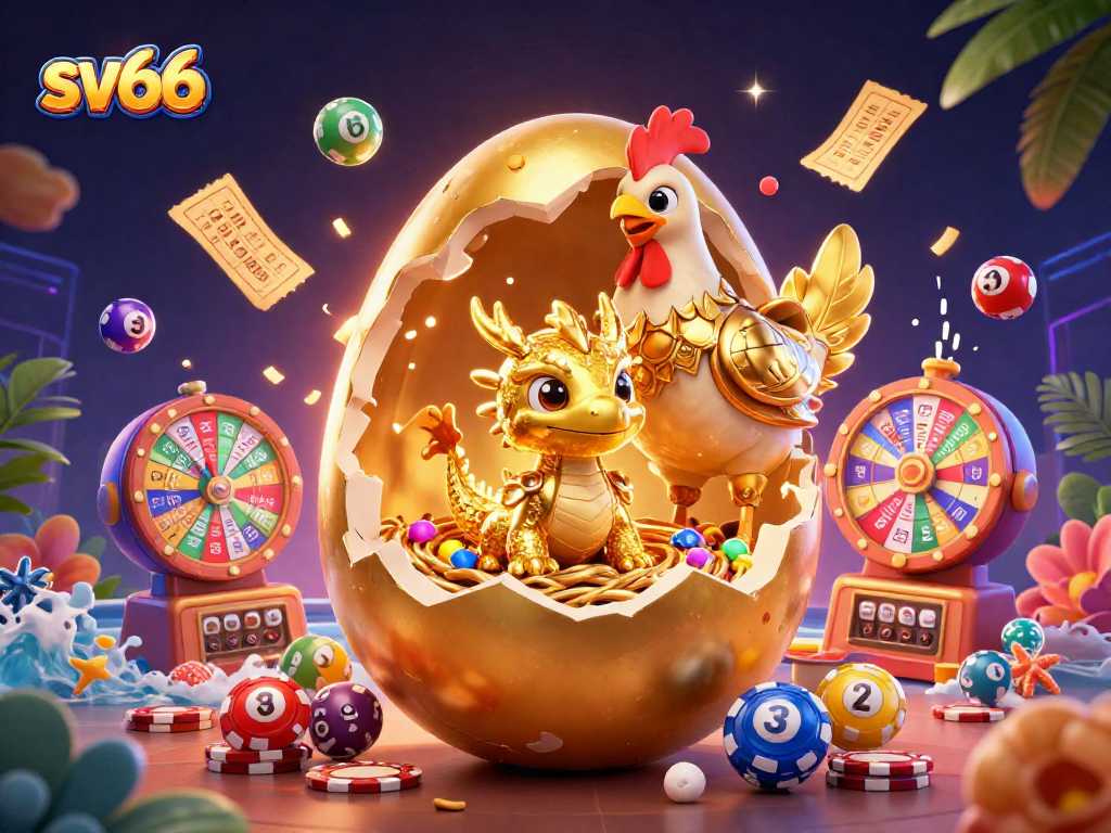Experience sv66 with a thrilling 3D illustration featuring a golden dragon and casino elements.
