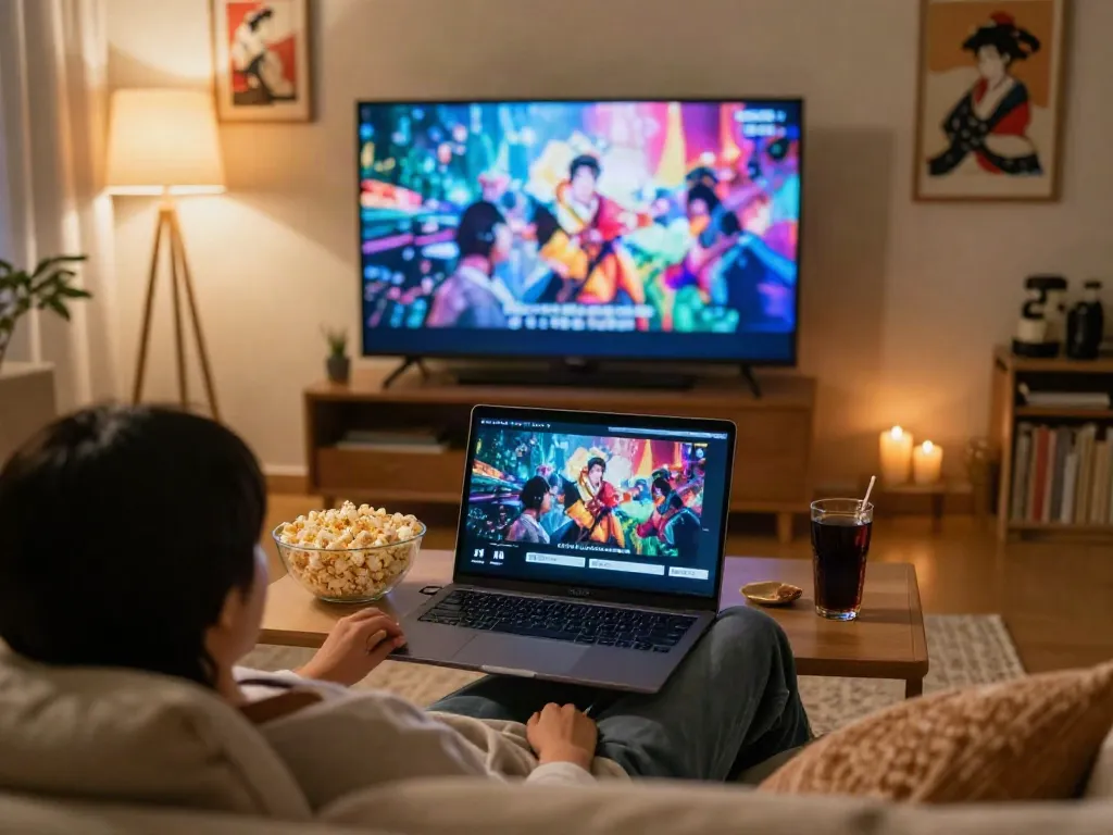 Engaging scene of a person enjoying a JAV sub indo video on a laptop in a cozy living room.