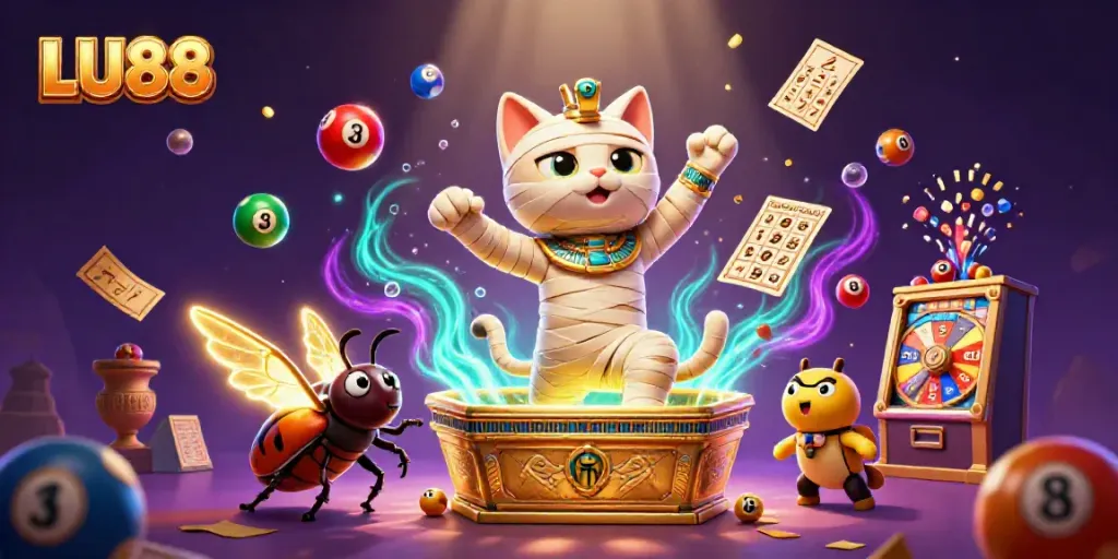 LU88 offers stunning wins as the Egyptian mummy cat and his glowing scarab companion burst into the casino scene.