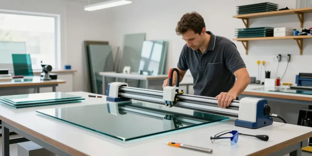 Technician using a glass cutting machine in a professional workshop.