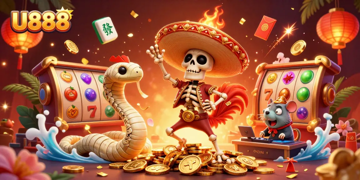 Engage with the vibrant U888 casino scene featuring a dancing skeleton rooster and exciting gaming symbols