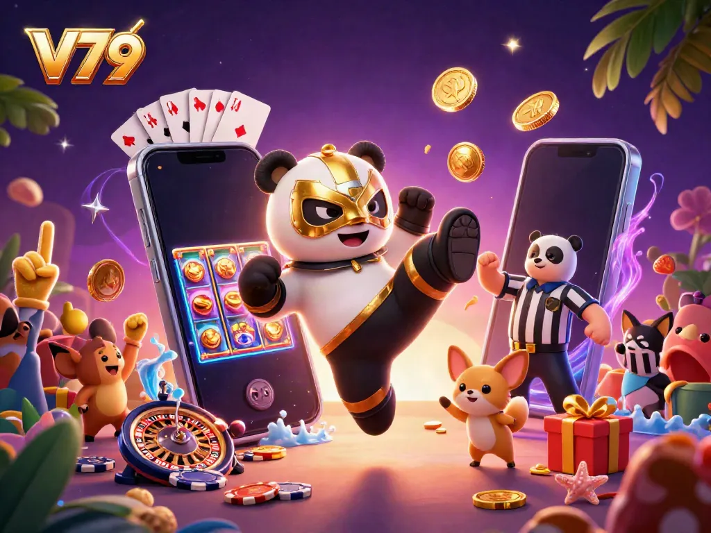 V79 showcases vibrant gaming action with a panda wrestler amidst exciting casino elements.