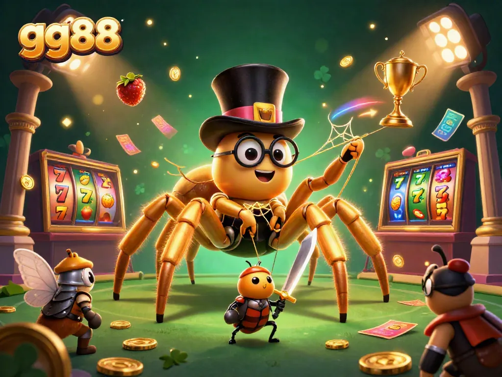 Experience the thrill of winning at gg88 with a lively casino scene featuring a golden tarantula and beetle knights.