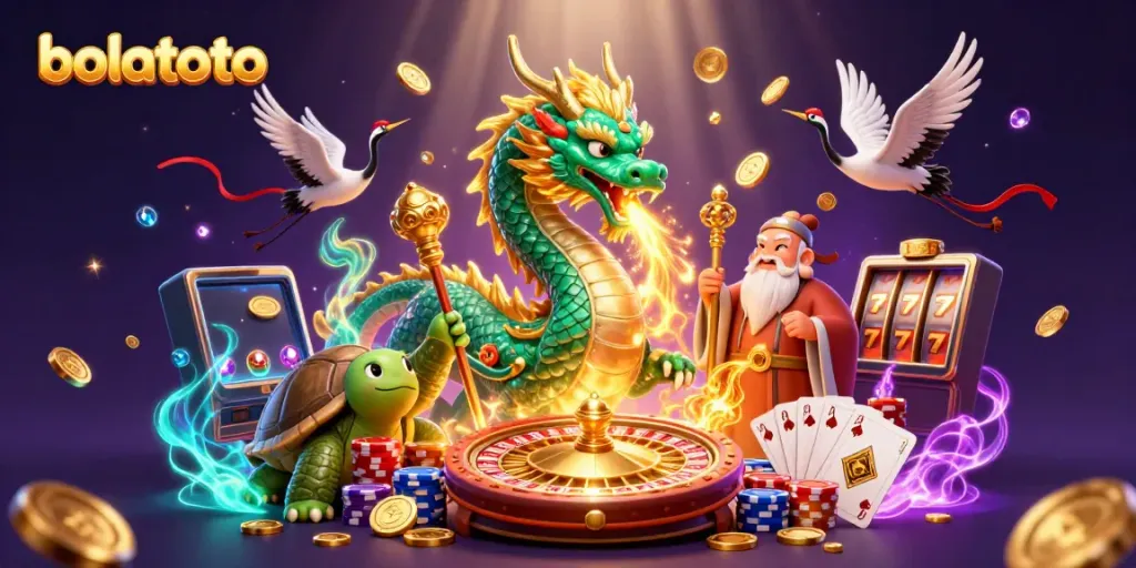bolatoto showcases a dynamic casino scene featuring a jade dragon, turtle sage, and lucky cranes amidst flying coins and gaming elements