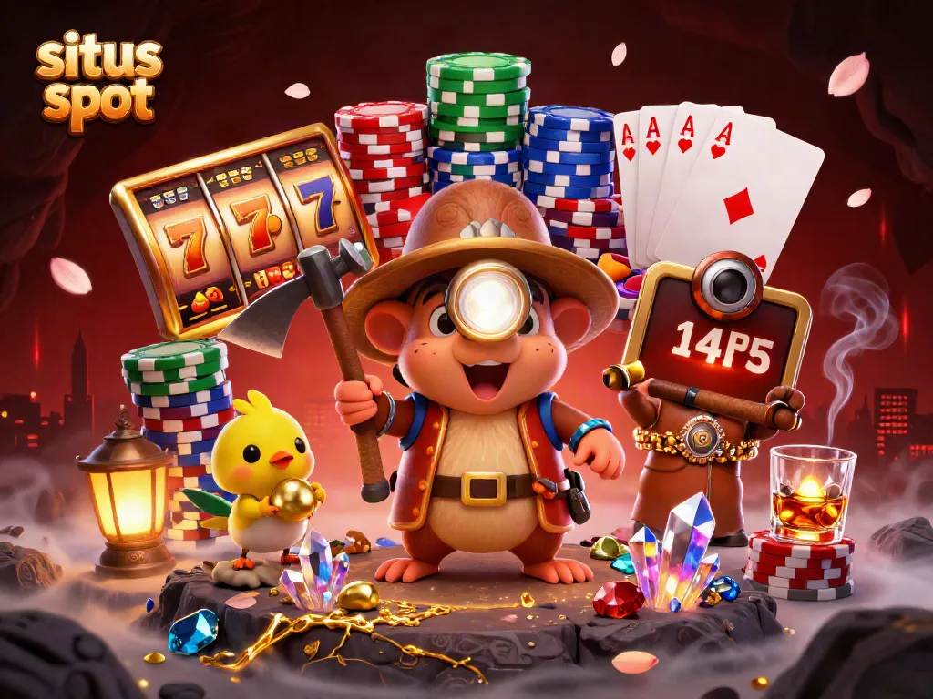 Explore the vibrant scene showcasing situs slot with a treasure hunter mole discovering riches in a casino-themed cave.