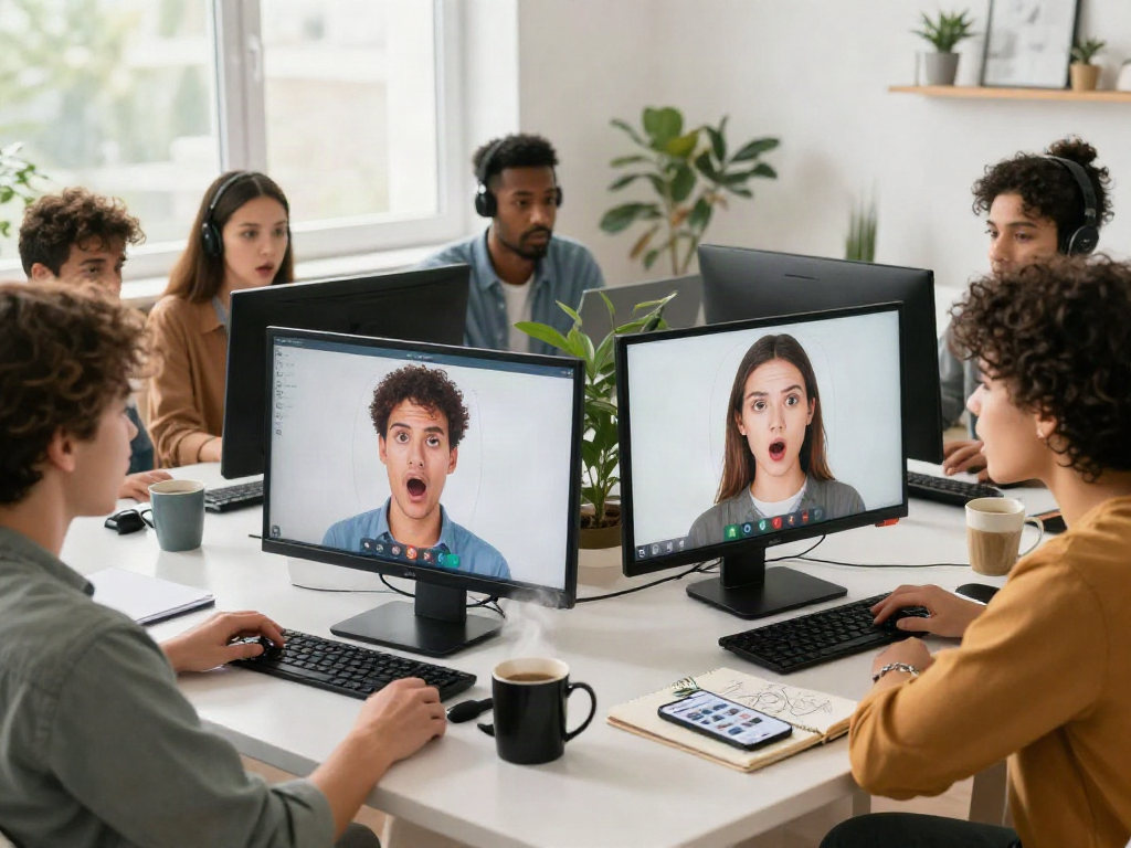 Individuals taking the attractive test on their computers, expressing curiosity and excitement in a bright atmosphere.