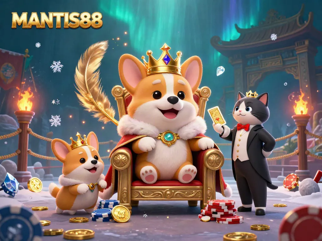 Experience thrilling gameplay at MANTIS88 with a royal corgi and its cat butler amidst vibrant casino symbols.