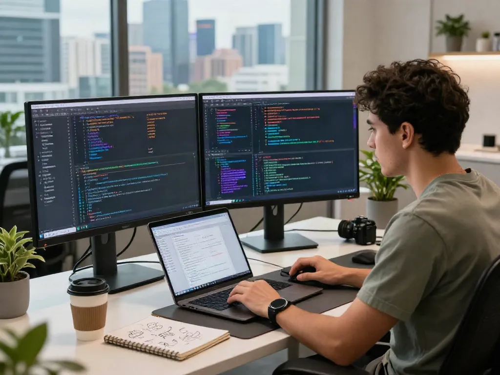Lingkungan pengembangan perangkat lunak dengan PGserver di meja modern dan monitor menampilkan kode.