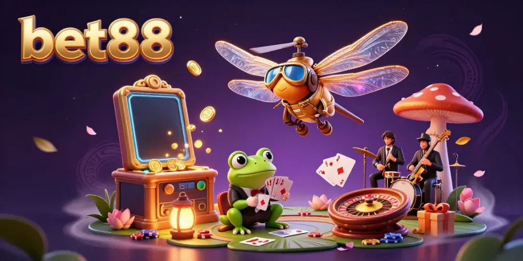 Experience thrilling gaming action at bet88 with vibrant casino elements and characters in 3D.