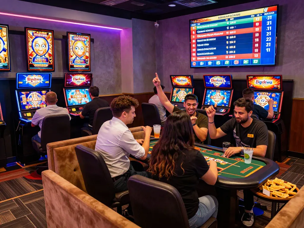 Online gaming excitement with players enjoying Bigdewa casino games in a vibrant lounge setting.