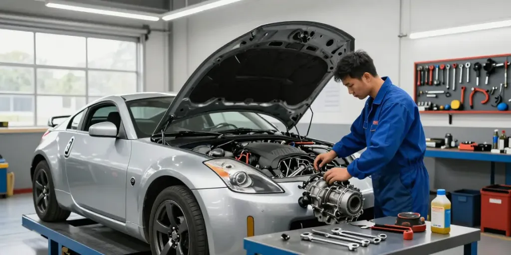 CD009 transmission for sale being inspected in a professional automotive workshop.