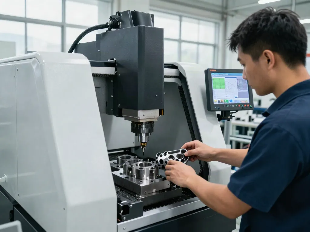 Skilled technicians operating CNC machining parts in a high-tech workshop.