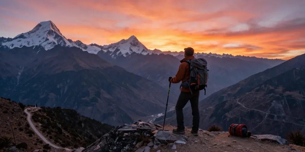 Adventurous traveler enjoying the breathtaking view of Manaslu Trek during sunset.