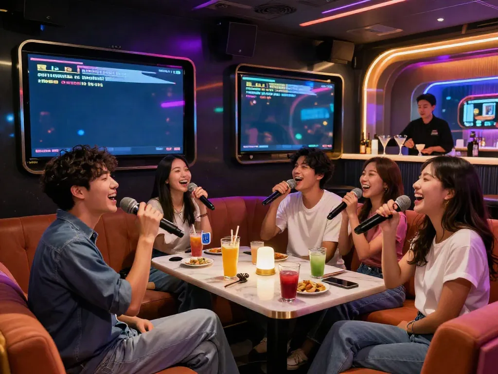 강남 달토에서 즐거운 친구들 노래하는 모습과 화려한 조명