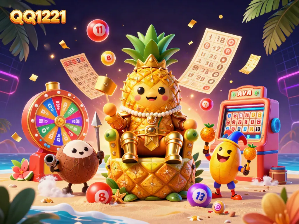 Engage in thrilling casino action with QQ1221 and its vibrant characters in a festive scene.
