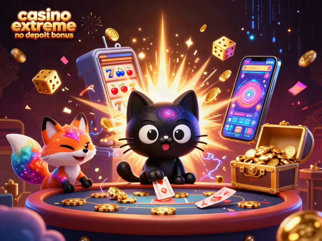 Engage with casino extreme no deposit bonus, featuring a cosmic scene with a black hole cat and nebula fox amidst casino elements