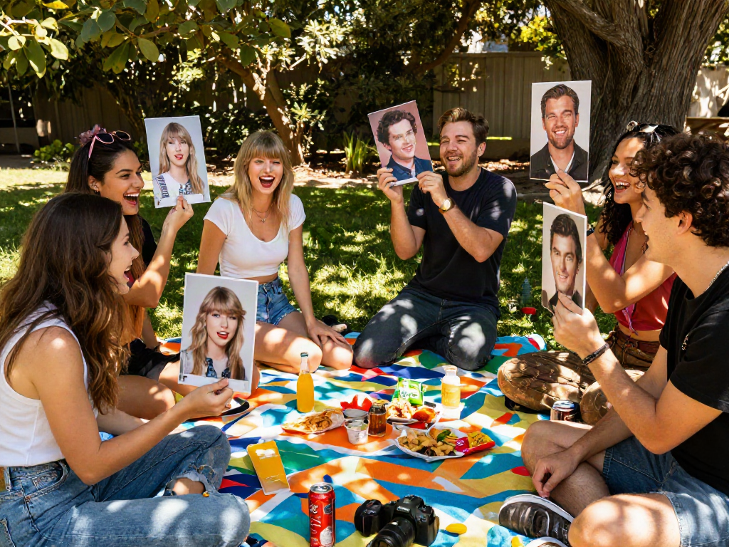 Participants laughing while identifying look alikes of famous people during a fun outdoor gathering