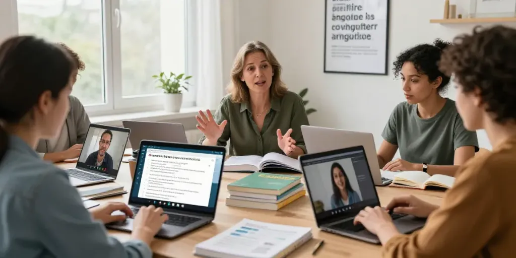 Engaged adults participating in an interactive online English course, highlighting the convenience of learning from home.