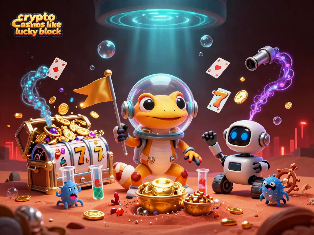Discover top crypto casinos like lucky block with vibrant gaming elements in a dazzling digital illustration.