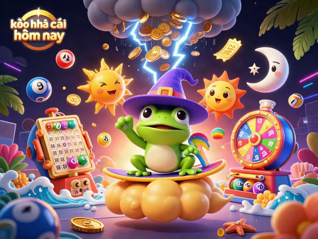 Engage with kèo nhà cái hôm nay as a weather wizard frog stirs golden coins in this vibrant casino scene.