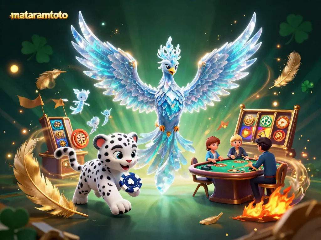 Experience exciting gaming at MATARAMTOTO with an action-packed scene of a 3D ice phoenix, snow leopard cub, and slot elements.
