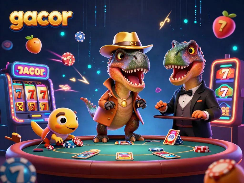 Experience winning with gacor slot machines featuring a cartoon velociraptor and casino characters.