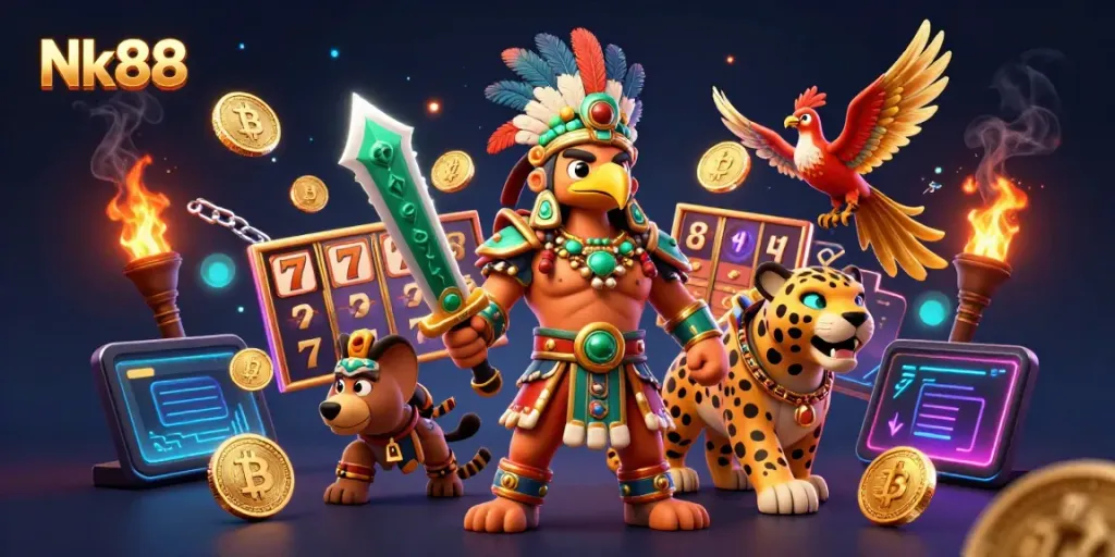 Engage with Nk88's vibrant casino experience featuring themed warriors and slot gaming elements.