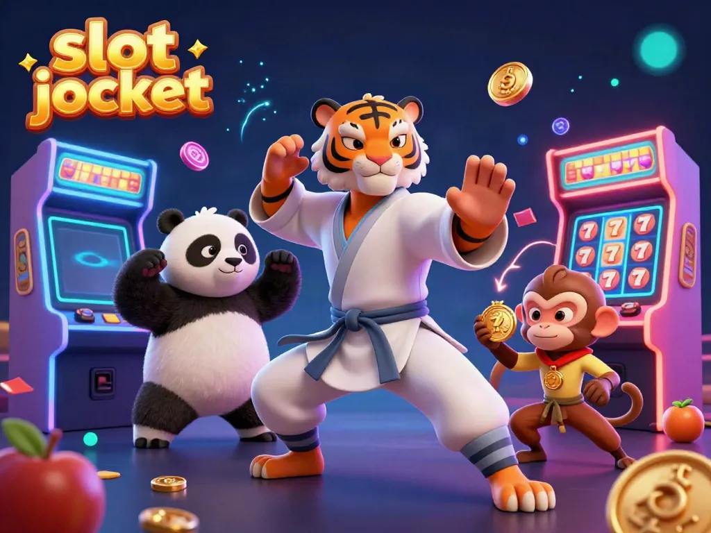Engage with the excitement of slot jackpot in this vibrant casino scene featuring animated characters and cascading game symbols.