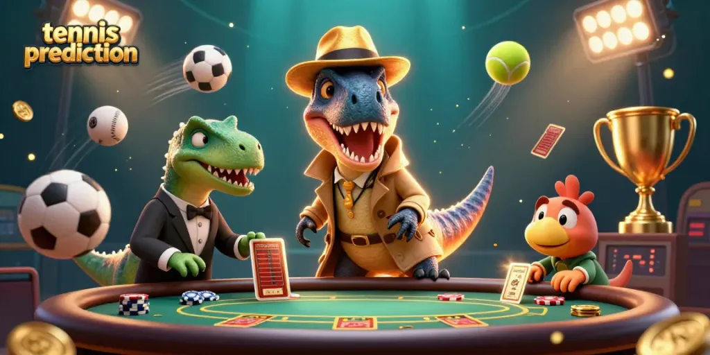 Tennis prediction illustration featuring a velociraptor card counter at a casino table, dynamic sports elements.