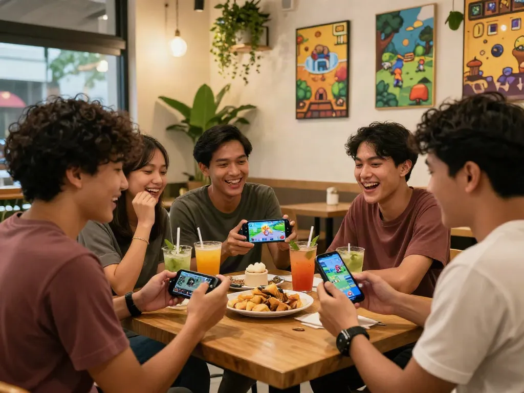 Friends enjoying Nyonya 4D game experience in a lively café.